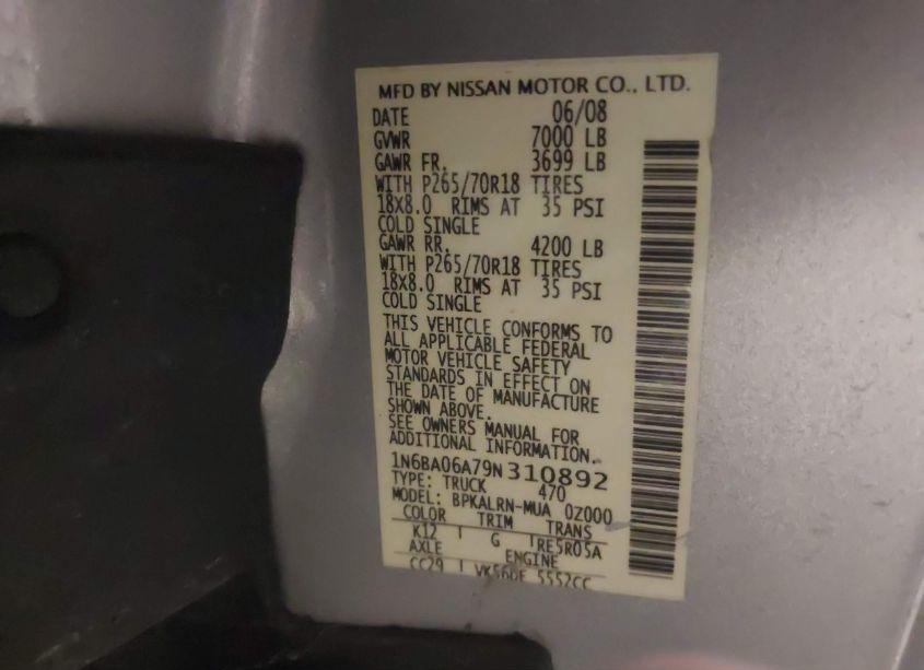 Photo 9 of 2009 Nissan Titan XE (VIN 1N6BA06A79N310892)