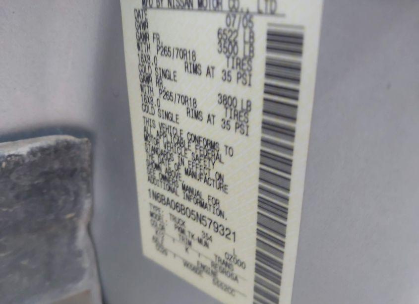 Photo 9 of 2005 Nissan Titan SE (VIN 1N6BA06B05N579321)