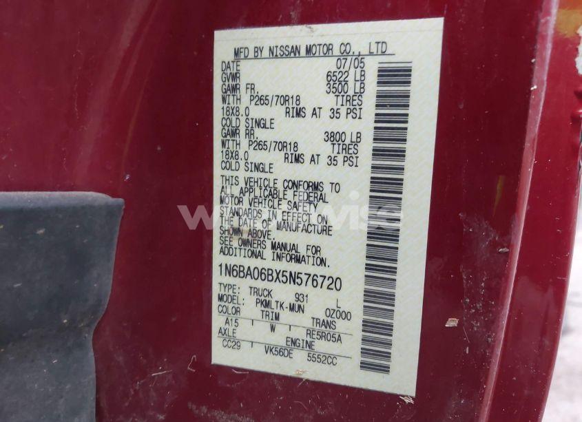 Photo 9 of 2005 Nissan Titan SE (VIN 1N6BA06BX5N576720)