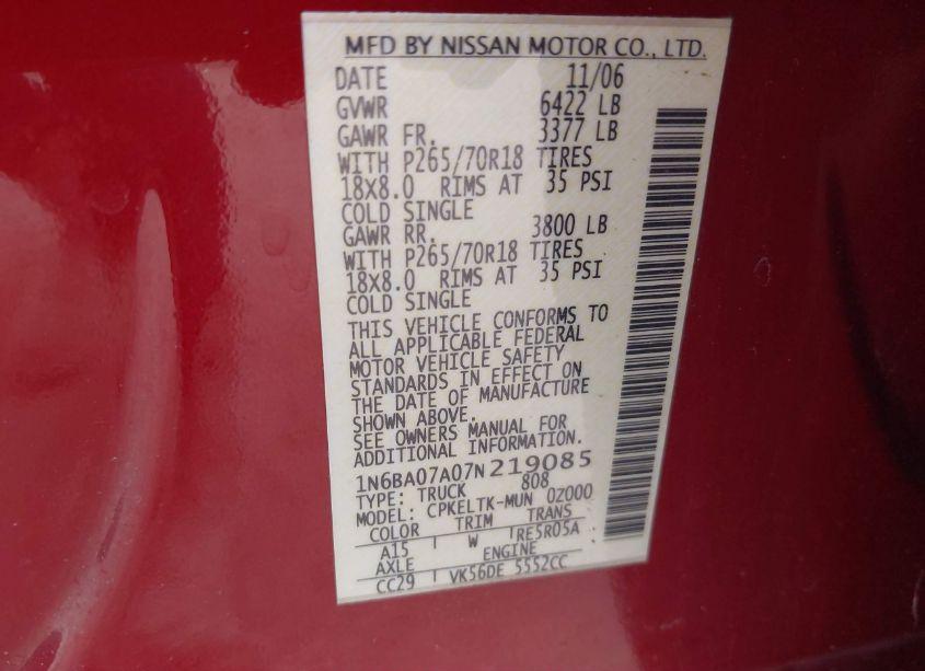 Photo 9 of 2007 Nissan Titan SE (VIN 1N6BA07A07N219085)