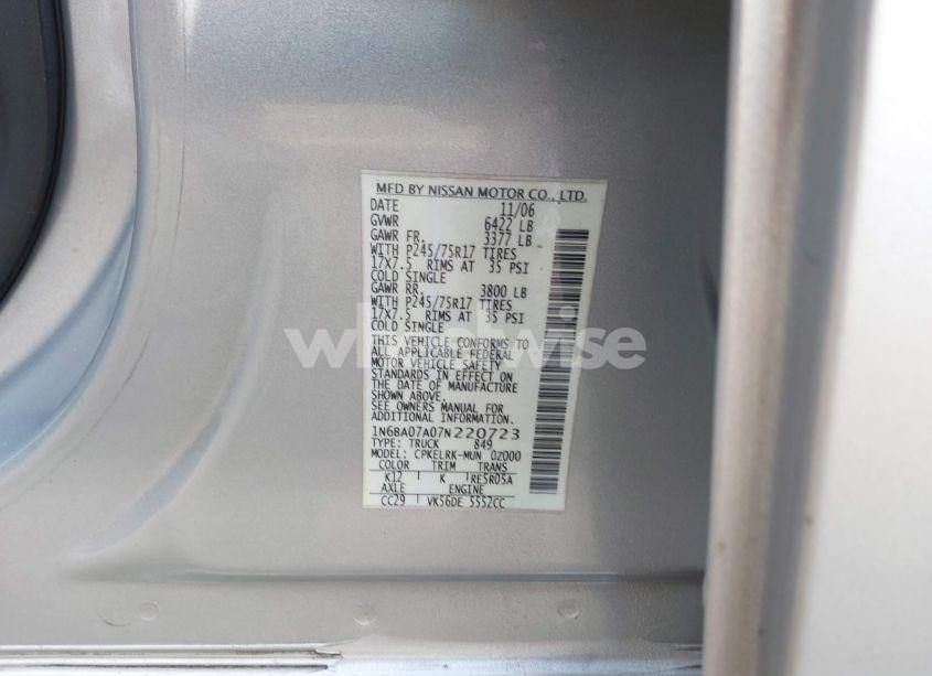 Photo 9 of 2007 Nissan Titan XE (VIN 1N6BA07A07N220723)