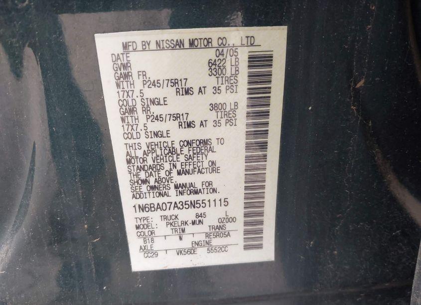 Photo 9 of 2005 Nissan Titan XE (VIN 1N6BA07A35N551115)