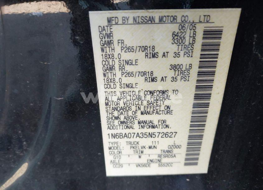 Photo 9 of 2005 Nissan Titan LE (VIN 1N6BA07A35N572627)