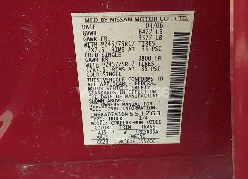 Photo 9 of 2006 Nissan Titan XE (VIN 1N6BA07A36N551763)