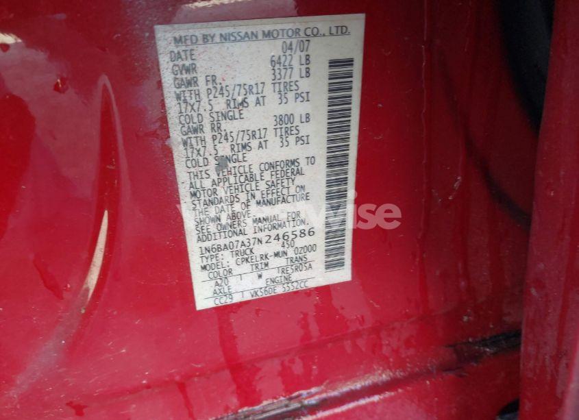 Photo 9 of 2007 Nissan Titan XE (VIN 1N6BA07A37N246586)