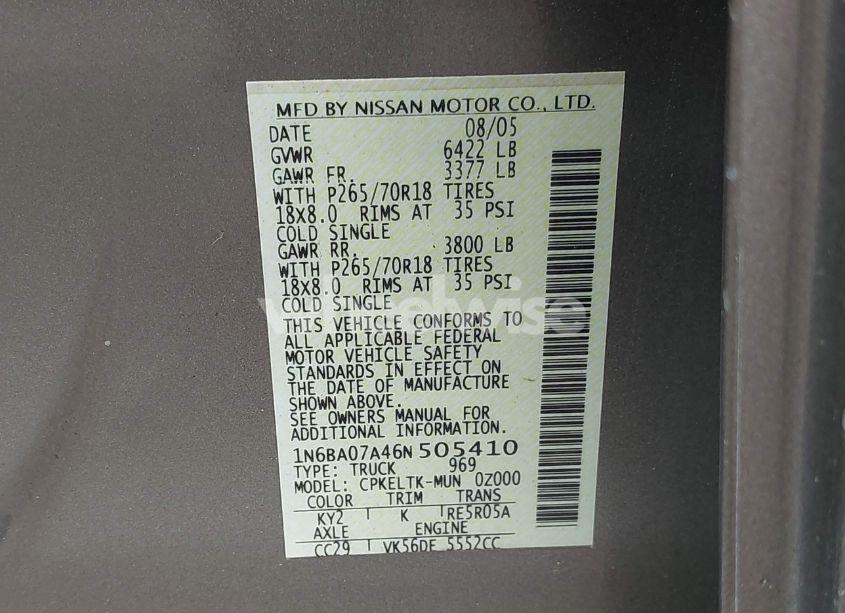 Photo 9 of 2006 Nissan Titan SE (VIN 1N6BA07A46N505410)