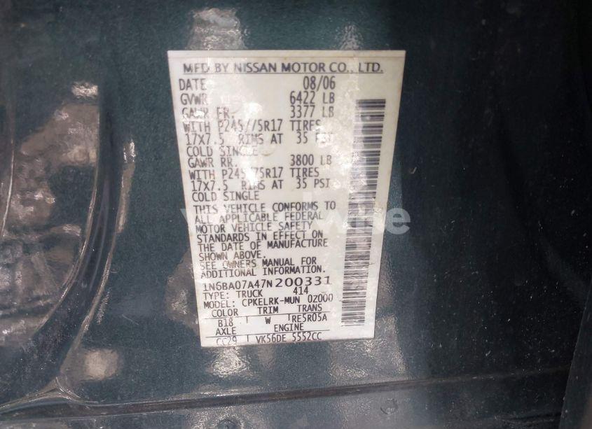 Photo 9 of 2007 Nissan Titan XE (VIN 1N6BA07A47N200331)