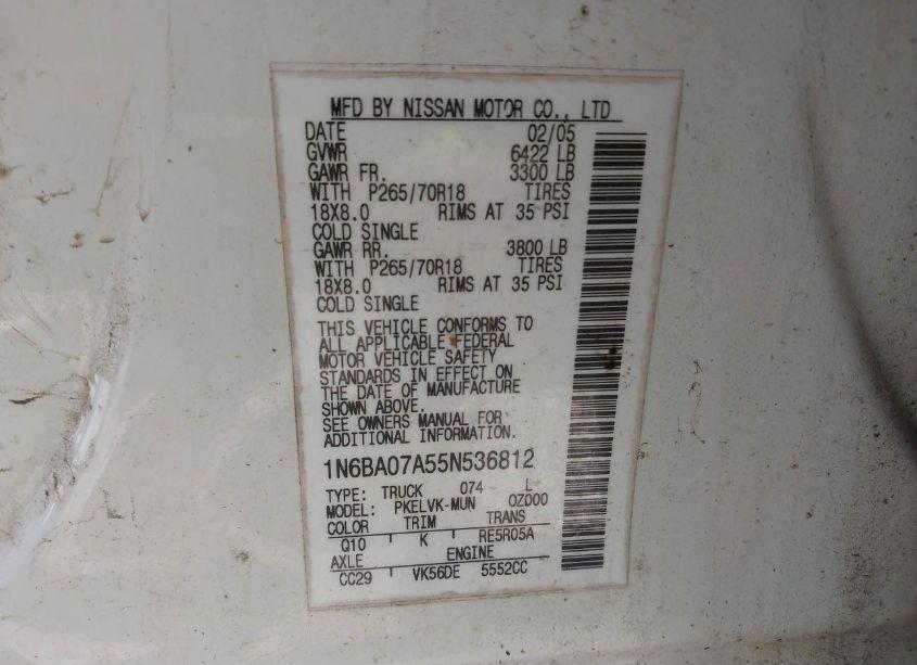 Photo 9 of 2005 Nissan Titan LE (VIN 1N6BA07A55N536812)