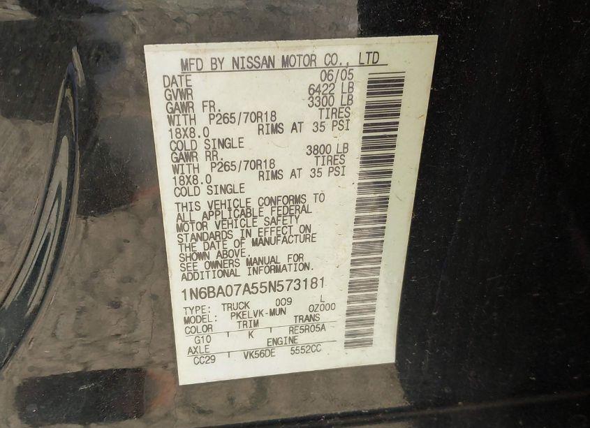 Photo 9 of 2005 Nissan Titan LE (VIN 1N6BA07A55N573181)