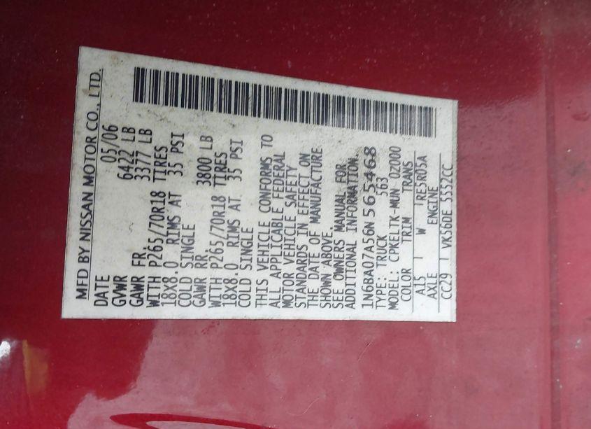 Photo 9 of 2006 Nissan Titan SE (VIN 1N6BA07A56N565468)