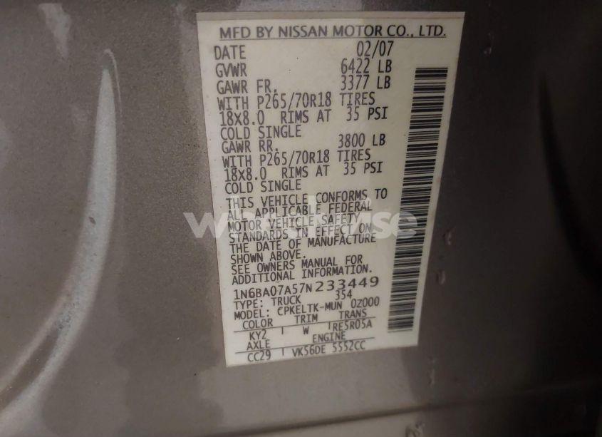 Photo 9 of 2007 Nissan Titan SE (VIN 1N6BA07A57N233449)