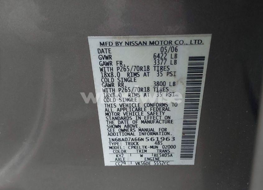Photo 9 of 2006 Nissan Titan SE (VIN 1N6BA07A66N561963)