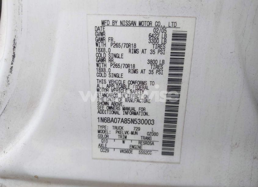 Photo 9 of 2005 Nissan Titan LE (VIN 1N6BA07A85N530003)