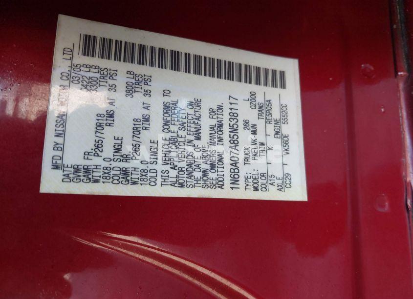 Photo 9 of 2005 Nissan Titan LE (VIN 1N6BA07A85N538117)