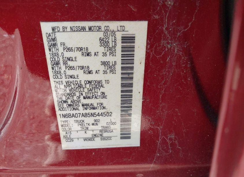 Photo 9 of 2005 Nissan Titan SE (VIN 1N6BA07A85N544502)