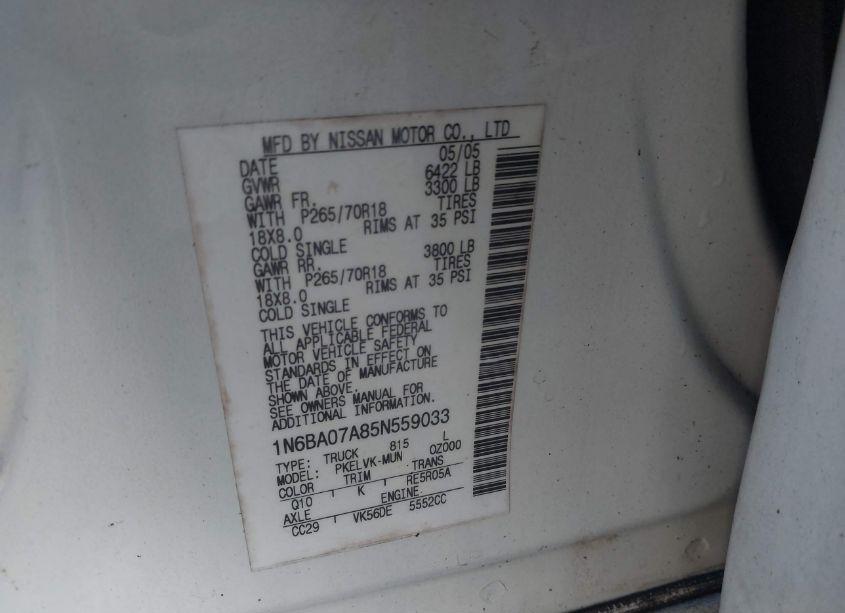 Photo 9 of 2005 Nissan Titan LE (VIN 1N6BA07A85N559033)