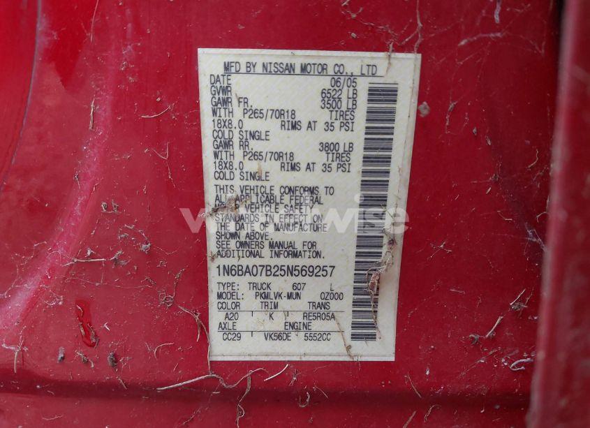 Photo 9 of 2005 Nissan Titan LE (VIN 1N6BA07B25N569257)