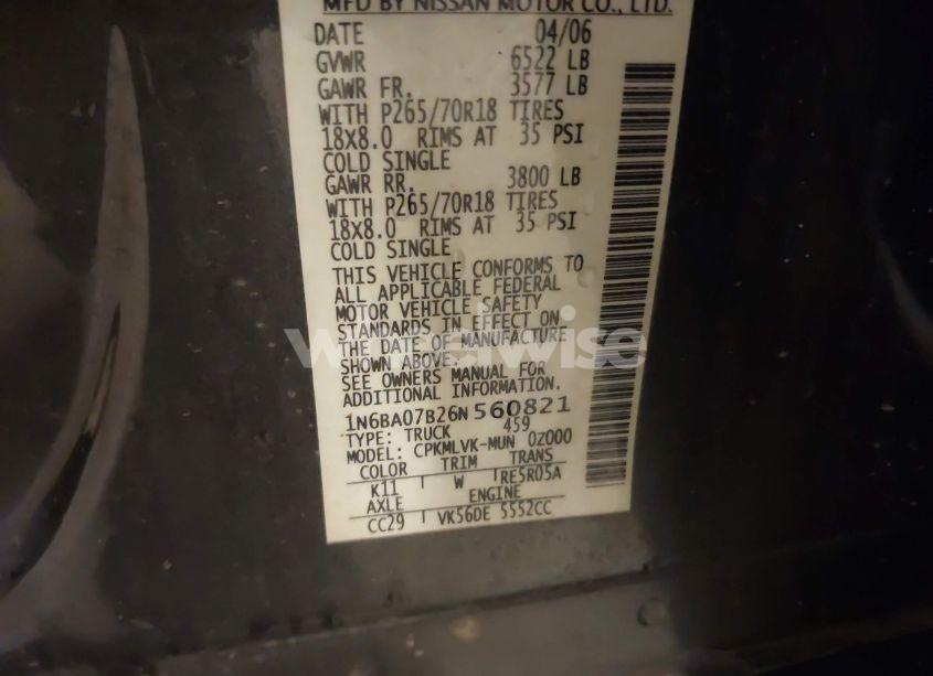 Photo 9 of 2006 Nissan Titan LE (VIN 1N6BA07B26N560821)