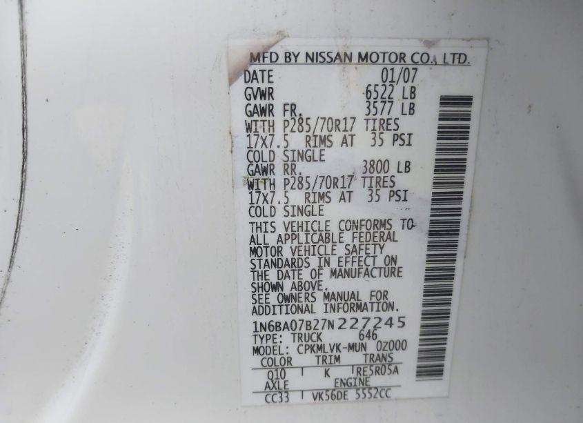 Photo 9 of 2007 Nissan Titan LE (VIN 1N6BA07B27N227245)