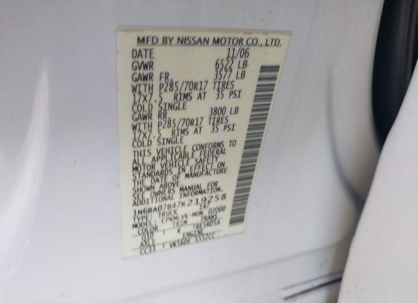 Photo 9 of 2007 Nissan Titan LE (VIN 1N6BA07B47N219258)