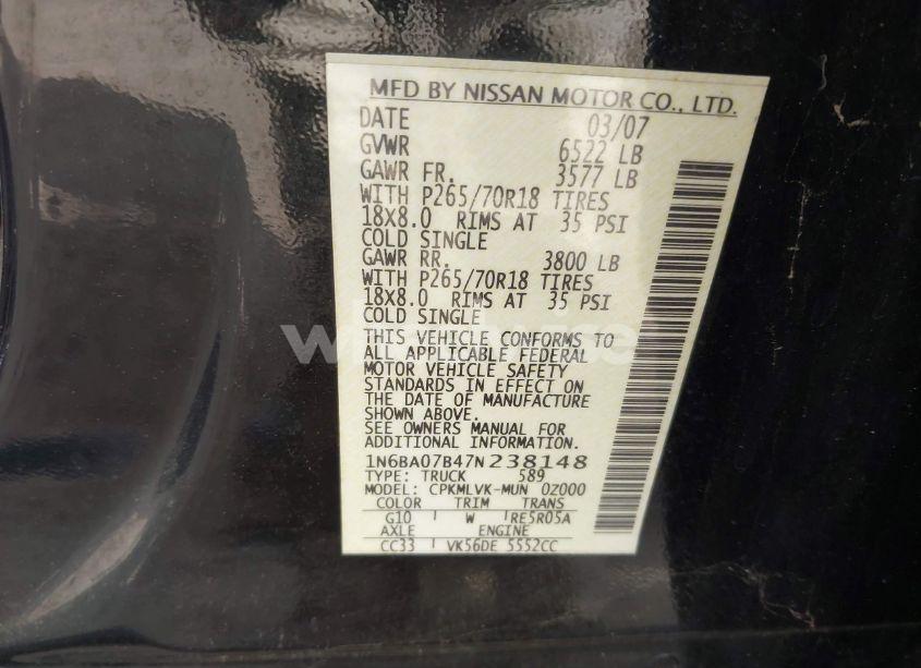 Photo 9 of 2007 Nissan Titan LE (VIN 1N6BA07B47N238148)