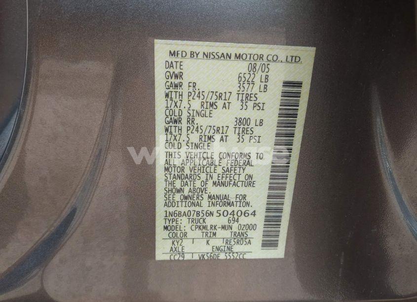 Photo 9 of 2006 Nissan Titan XE (VIN 1N6BA07B56N504064)