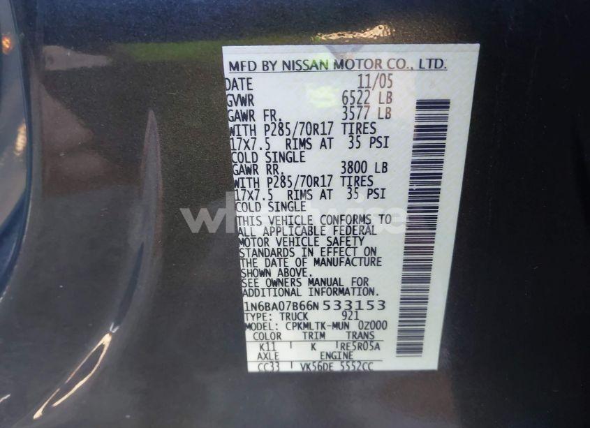 Photo 9 of 2006 Nissan Titan SE (VIN 1N6BA07B66N533153)