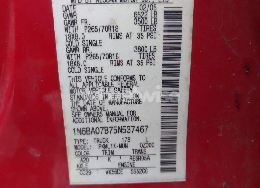 Photo 9 of 2005 Nissan Titan SE (VIN 1N6BA07B75N537467)