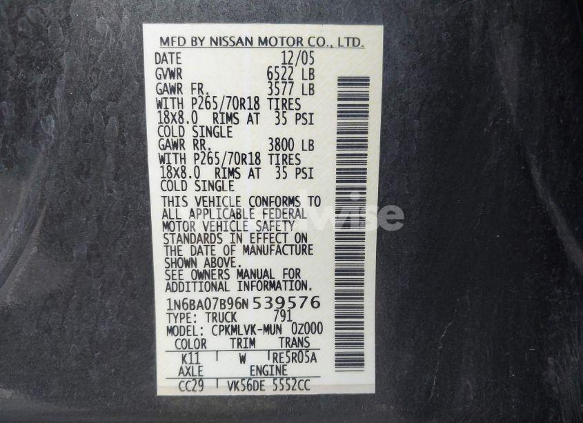 Photo 9 of 2006 Nissan Titan LE (VIN 1N6BA07B96N539576)