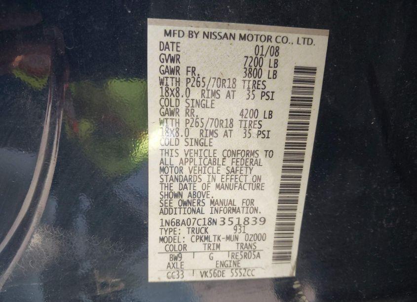 Photo 9 of 2008 Nissan Titan PRO-4X/XE (VIN 1N6BA07C18N351839)