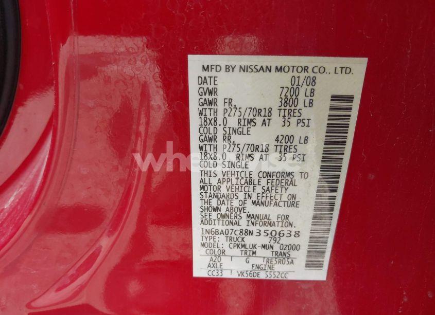 Photo 9 of 2008 Nissan Titan (VIN 1N6BA07C88N350638)