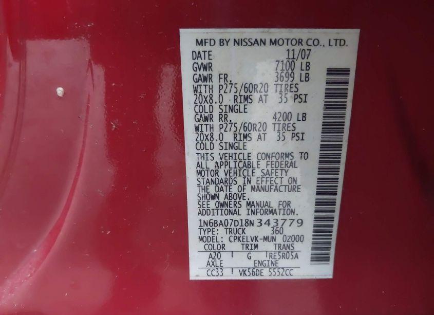 Photo 9 of 2008 Nissan Titan SE/XE (VIN 1N6BA07D18N343779)
