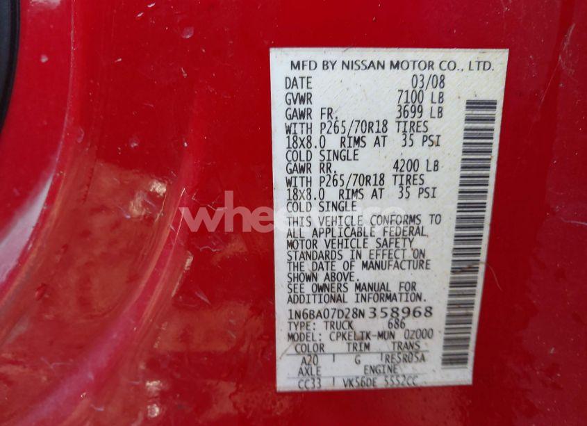 Photo 9 of 2008 Nissan Titan SE/XE (VIN 1N6BA07D28N358968)