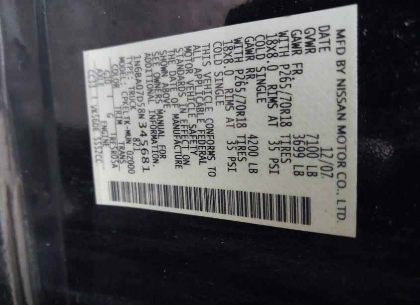 Photo 9 of 2008 Nissan Titan SE/XE (VIN 1N6BA07D58N345681)