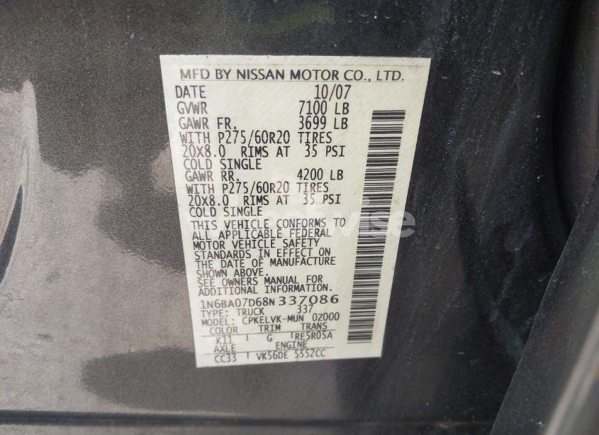 Photo 9 of 2008 Nissan Titan LE/SE (VIN 1N6BA07D68N337086)