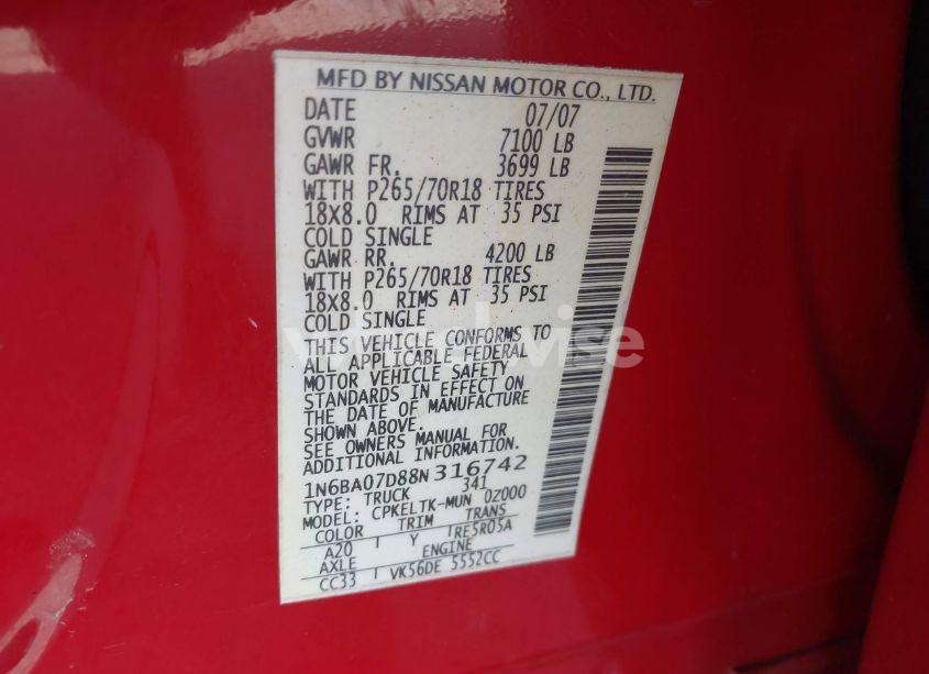 Photo 9 of 2008 Nissan Titan SE (VIN 1N6BA07D88N316742)