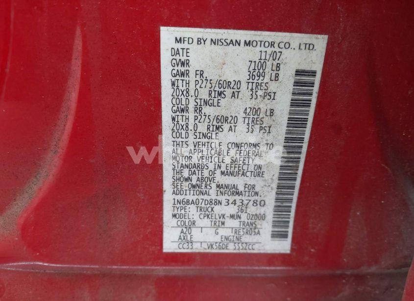 Photo 9 of 2008 Nissan Titan LE/SE (VIN 1N6BA07D88N343780)