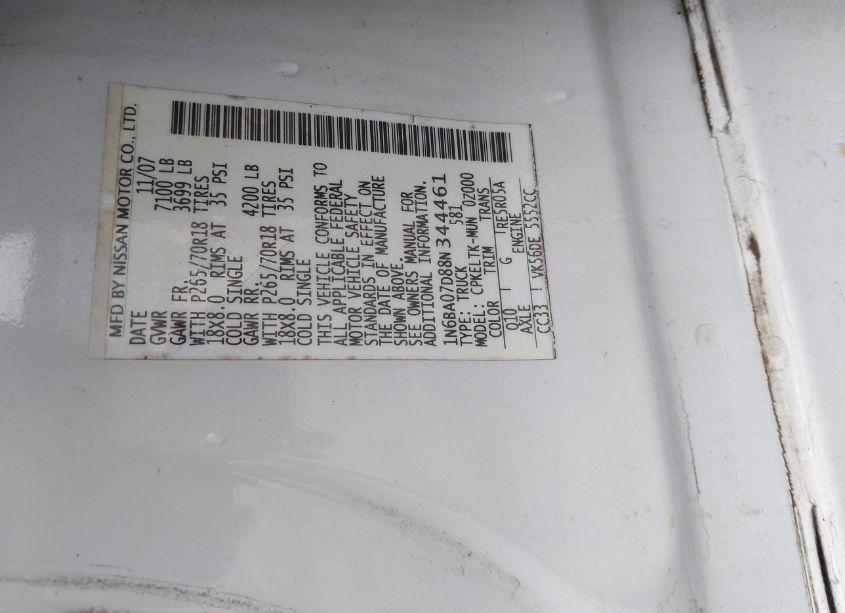 Photo 9 of 2008 Nissan Titan LE/SE/XE (VIN 1N6BA07D88N344461)