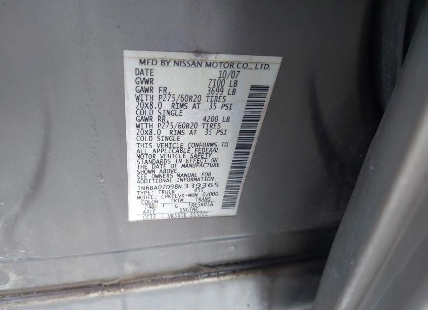 Photo 9 of 2008 Nissan Titan SE/XE (VIN 1N6BA07D98N339365)