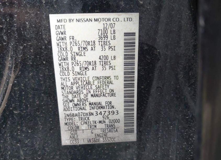 Photo 9 of 2008 Nissan Titan SE/XE (VIN 1N6BA07DX8N347393)