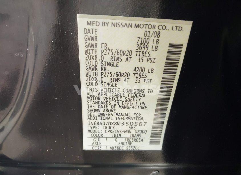 Photo 9 of 2008 Nissan Titan LE/SE (VIN 1N6BA07DX8N350567)