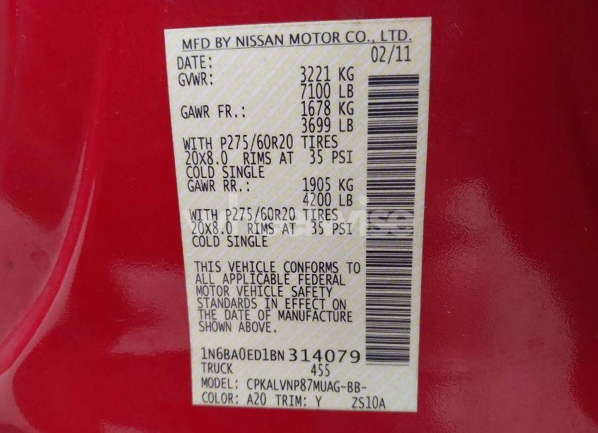 Photo 9 of 2011 Nissan Titan SL (VIN 1N6BA0ED1BN314079)