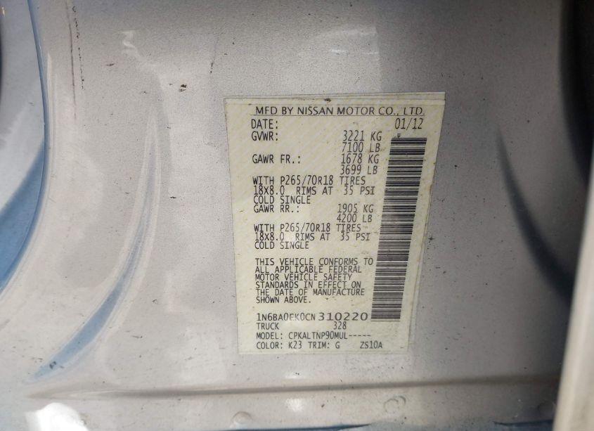 Photo 9 of 2012 Nissan Titan SV (VIN 1N6BA0EK0CN310220)