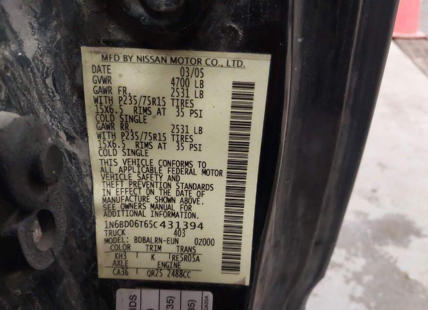 Photo 9 of 2005 Nissan Frontier XE (VIN 1N6BD06T65C431394)