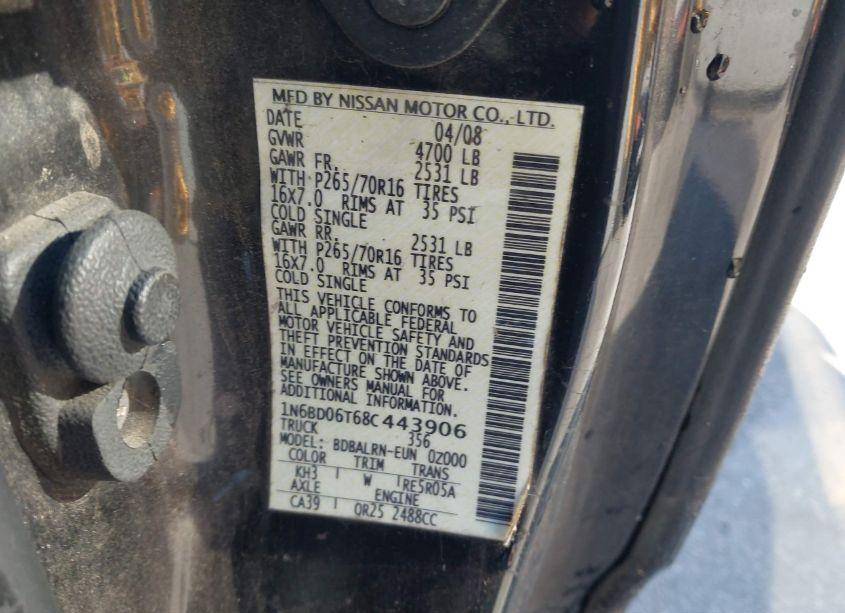 Photo 9 of 2008 Nissan Frontier SE-I4 (VIN 1N6BD06T68C443906)