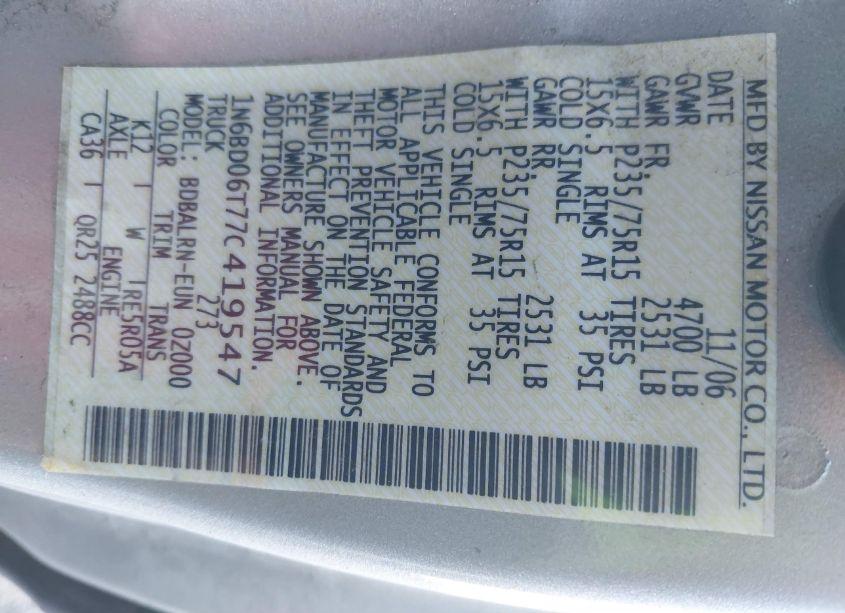 Photo 9 of 2007 Nissan Frontier XE (VIN 1N6BD06T77C419547)