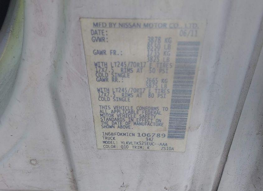 Photo 9 of 2012 Nissan Nv 1500 NV1500 SV V6 (VIN 1N6BF0KM1CN106789)