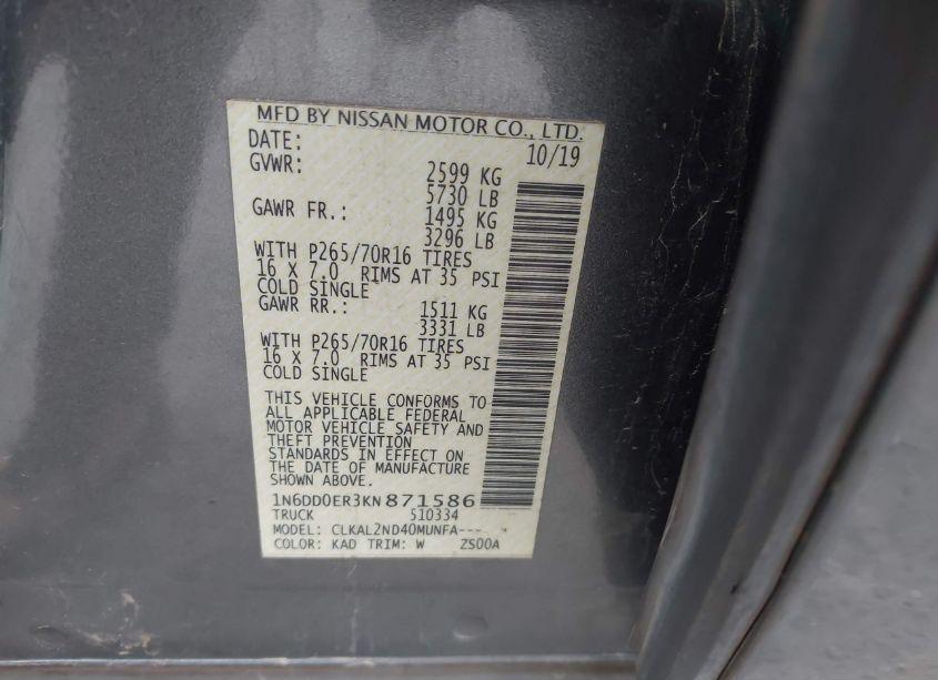 Photo 9 of 2019 Nissan Frontier SV (VIN 1N6DD0ER3KN871586)