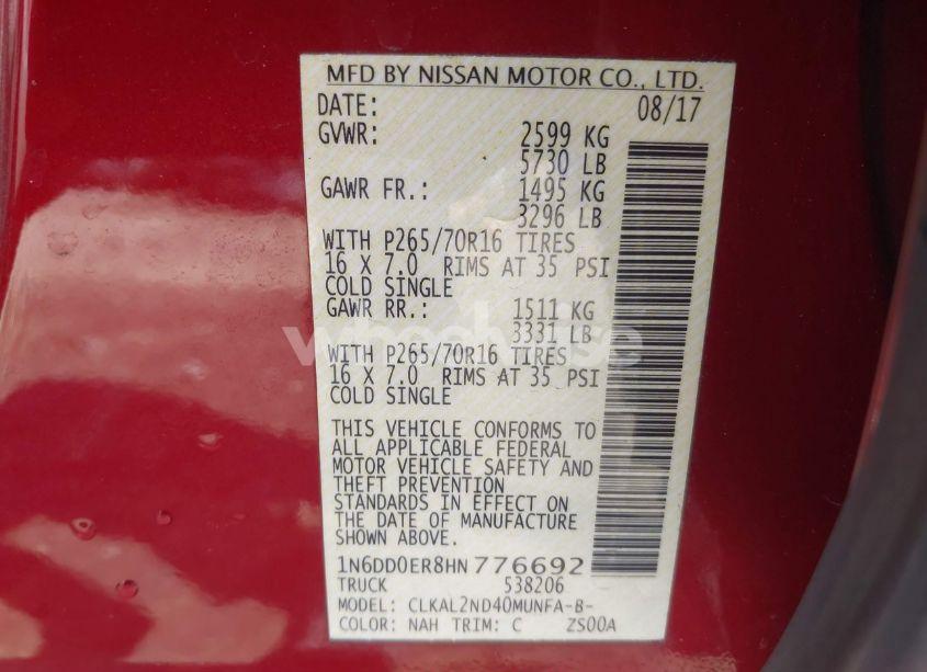 Photo 9 of 2017 Nissan Frontier SV (VIN 1N6DD0ER8HN776692)