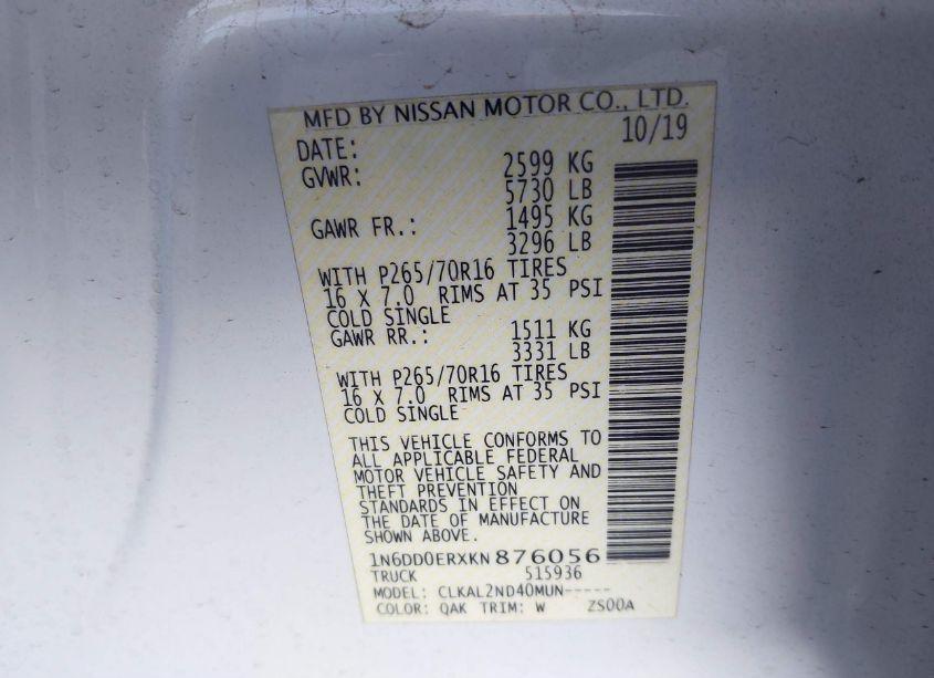 Photo 9 of 2019 Nissan Frontier SV (VIN 1N6DD0ERXKN876056)